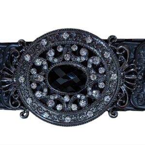 Vintage black metal rhinestone and black jewel belt buckle elastic belt